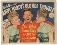 5j036 ANDY HARDY'S BLONDE TROUBLE TC '44 Mickey Rooney between twins Lee Wilde and Lyn Wilde!