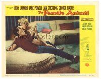 5j487 FEMALE ANIMAL LC #2 '58 Jane Powell about to kiss George Nader on huge sectional couch!
