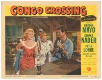 5j431 CONGO CROSSING LC #7 '56 Virginia Mayo & Peter Lorre look at George Nader holding big snake!
