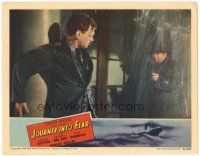 5j590 JOURNEY INTO FEAR LC '42 cool image of guy pointing gun at Joseph Cotten in the rain!