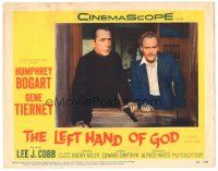 5j622 LEFT HAND OF GOD LC #8 '55 close up of priest Humphrey Bogart holding gun & E.G. Marshall!