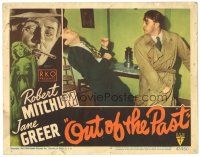5j723 OUT OF THE PAST LC #4 '47 great close up of tough Robert Mitchum punching Steve Brodie!