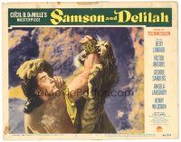 5j798 SAMSON & DELILAH LC #4 '49 image of Victor Mature fighting big cat, Cecil B. DeMille!