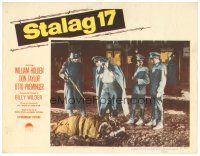 5j868 STALAG 17 LC #7 '53 Billy Wilder classic, Otto Preminger, Sig Ruman & more Nazis w/ fallen man