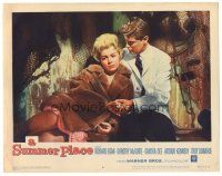 5j881 SUMMER PLACE LC #8 '59 Troy Donahue in tie & jacket holds sexy Sandra Dee in fur coat!