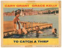 5j923 TO CATCH A THIEF LC #1 '55 Grace Kelly & Cary Grant swim on the Riviera, Alfred Hitchcock
