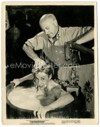 5k934 UNCONQUERED candid 8x10.25 still R59 director Cecil B. DeMille bathes Paulette Goddard!