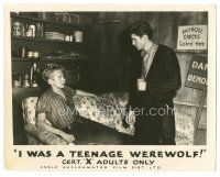 5k499 I WAS A TEENAGE WEREWOLF English FOH LC '57 Michael Landon glares at teen with bloody nose!