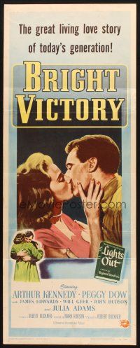 5m491 BRIGHT VICTORY insert '51 close up of blind Arthur Kennedy kissing pretty Peggy Dow!