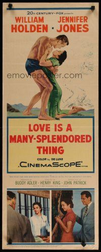 5m651 LOVE IS A MANY-SPLENDORED THING insert '55 romantic art of William Holden & Jennifer Jones!