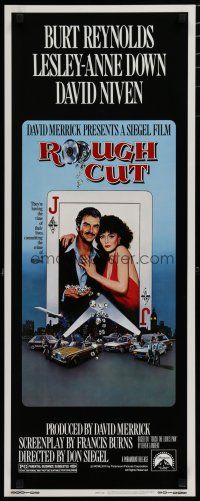 5m729 ROUGH CUT insert '80 Don Siegel, Burt Reynolds, sexy Lesley-Anne Down, playing card art!