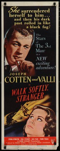 5m829 WALK SOFTLY STRANGER insert '50 art of Joseph Cotten & pretty Alida Valli, film noir!
