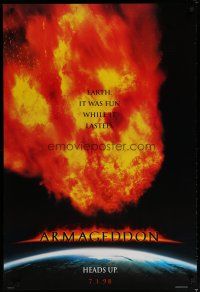 5p055 ARMAGEDDON teaser DS 1sh '98 Bruce Willis, Billy Bob Thornton, Liv Tyler, huge fireball