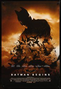 5p081 BATMAN BEGINS June 17 advance 1sh '05 great image of Christian Bale as the Caped Crusader!