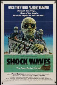 5p688 SHOCK WAVES 1sh '77 Peter Cushing, cool art of Nazi zombies terrorizing boat!