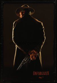 5p797 UNFORGIVEN dated teaser DS 1sh '92 classic image of gunslinger Clint Eastwood w/back turned!