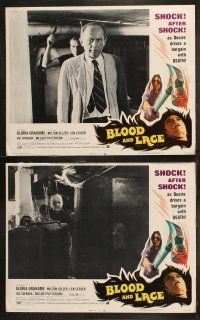 5t082 BLOOD & LACE 8 LCs '71 AIP, gruesome horror image of wacky cultist w/bloody hammer!