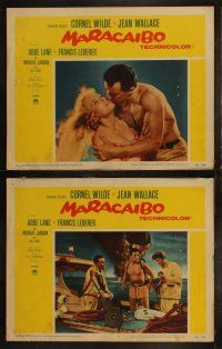 5t374 MARACAIBO 8 LCs '58 romantic artwork of Cornel Wilde & Jean Wallace in front of explosion!
