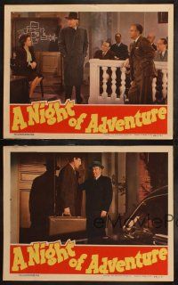 5t817 NIGHT OF ADVENTURE 4 LCs '44 Tom Conway wearing fedora & trench coat in court with Nancy Gates