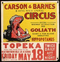 5x274 CARSON & BARNES 5 RING WILD ANIMAL CIRCUS circus poster '50s art of hippopotamus!