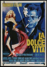 5x751 LA DOLCE VITA Italian commercial poster '80s Fellini, Olivetti art of Mastroianni & Ekberg!