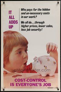 5x345 COST CONTROL IS EVERYONE'S JOB 24x37 motivational poster '70 kid saving w/piggy bank!
