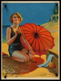 5x249 GENE PRESSLER 15x20 art print '20s art of pretty woman in bathing suit on beach, Inviting!