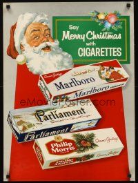 5x214 SAY MERRY CHRISTMAS WITH CIGARETTES 19x26 advertising poster '50s art of Santa & cigs!
