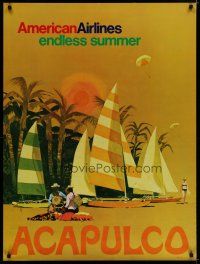 5x022 AMERICAN AIRLINES ACAPULCO travel poster '70s V.K. artwork of beach & sailboats!