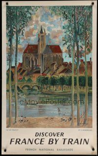 5x101 FRENCH NATIONAL RAILROADS French travel poster '58 Hambourg artwork of church & village lake!
