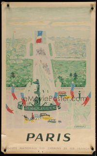 5x102 FRENCH NATIONAL RAILROADS French travel poster '57 Cavailees artwork of Paris & fountain!