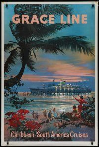 5x107 GRACE LINE CARIBBEAN & SOUTH AMERICAN CRUISES travel poster '61 Evers art of ship & shore!