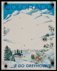 5x104 GREYHOUND COLORADO travel poster '70s art of skiers on mountain slope!