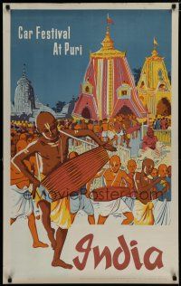 5x126 INDIA Indian travel poster '50s art of Indians participating in the Ratha Yatra!