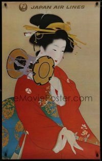 5x092 JAPAN AIR LINES Japanese travel poster '60s art of Geisha in a red kimono!