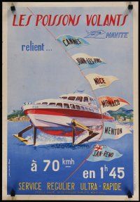 5x129 LES POISSONS VOLANTS Monacan travel poster '60s art of fast hydrofoil boat on water!