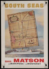 5x108 MATSON SOUTH SEAS travel poster '60s image of Oceanic Steamship Company ship & art of map!