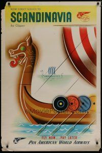 5x084 PAN AM SCANDINAVIA travel poster '54 Jean Carlu artwork of Viking longboats!
