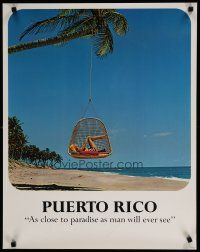 5x116 PUERTO RICO travel poster '70s image of sexy woman in hanging chair on beach!
