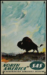 5x068 SCANDINAVIAN AIRLINES SYSTEM NORTH AMERICA Danish travel poster '50s Nielson art of bison!