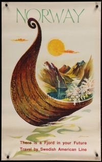 5x112 SWEDISH AMERICAN LINE NORWAY travel poster '60s artwork of fjord, mountains & boat's bow!