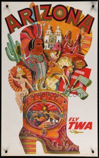 5x030 TWA ARIZONA travel poster '60s David Klein artwork of boot filled w/attractions!