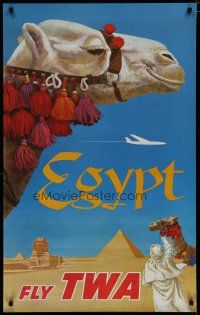 5x031 TWA EGYPT travel poster '60s David Klein artwork of camel, pyramids & Sphinx!