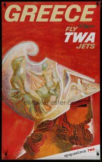 5x036 TWA GREECE travel poster '60s David Klein artwork of helmet!