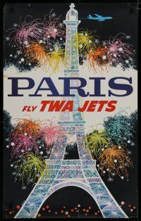 5x040 TWA PARIS travel poster '60s David Klein art of Eiffel Tower & fireworks!