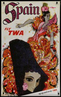 5x044 TWA SPAIN travel poster '60s David Klein art of pretty Spanish dancer!