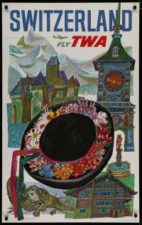 5x046 TWA SWITZERLAND travel poster '60s wonderful art of hat & landmarks by David Klein!