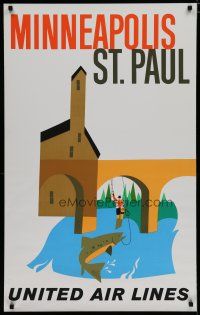 5x052 UNITED AIRLINES MINNEAPOLIS ST. PAUL travel poster '50s artwork of fisherman & trout!