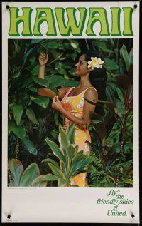 5x051 UNITED AIRLINES HAWAII travel poster '80s photo of pretty native woman in garden by Art Allen!
