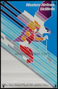 5x081 WESTERN AIRLINES SKIBIRDS travel poster '70s cool Don Weller art of skier!